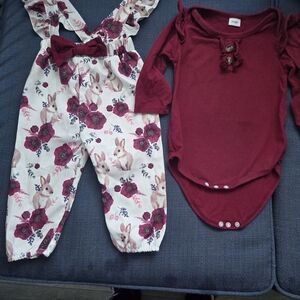 Floral Bunny Overalls and Red Onesie Set